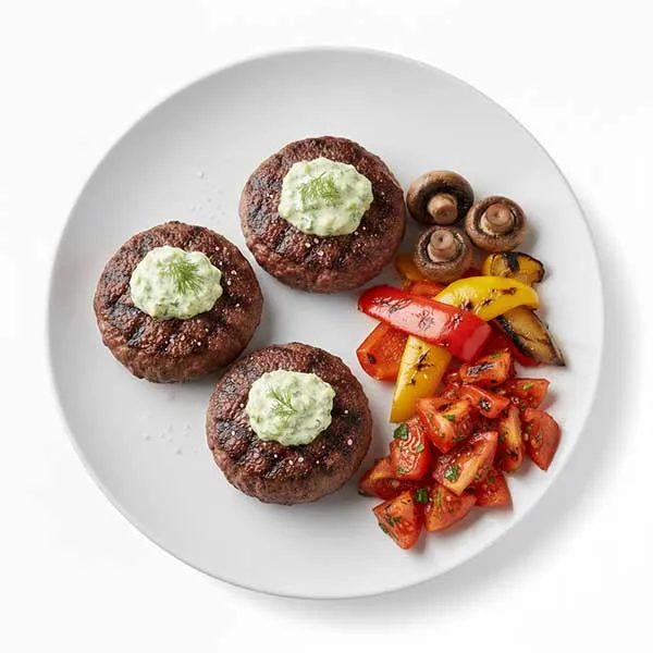 Juicy Wagyu Beef Patties with Grilled Peppers, Mushrooms, Tomatoes & Gherkin Mayo